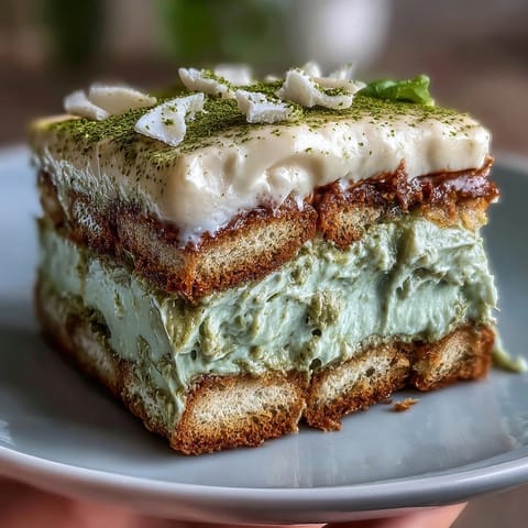 A creamy matcha tiramisu with delicate ladyfingers and a vibrant green tea twist, perfect for dessert lovers.