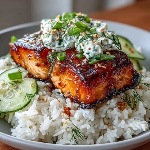 Spicy mayo salmon rice bowl with tender salmon cubes, creamy sriracha mayo, and fresh cucumber slices over warm rice.