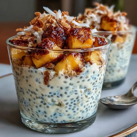 Vibrant chia pudding with fresh mango and toasted coconut flakes in a glass jar.