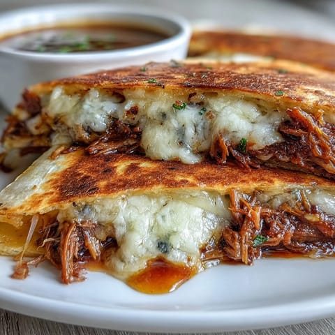 Golden brown birria quesadillas stuffed with tender shredded beef and melted cheese.