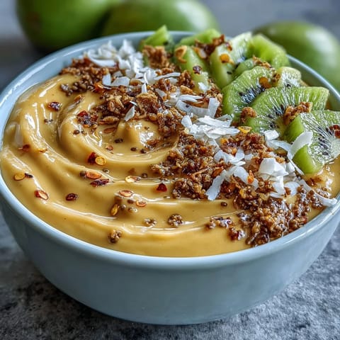 Vibrant mango chili lime smoothie bowl topped with fresh fruit and granola.