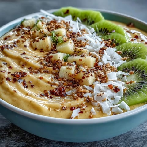 Creamy mango chili lime smoothie bowl, a refreshing and healthy breakfast treat.