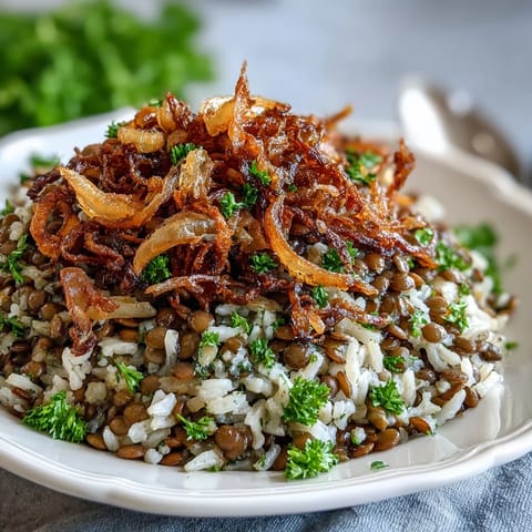 Levantine Mujadara piled high with fluffy rice and deeply caramelized, crispy onions.