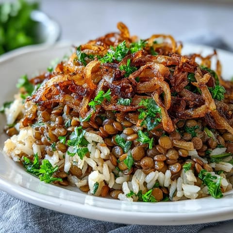 Savory Levantine Mujadara with tender lentils, rice, and a golden onion topping ready to serve.
