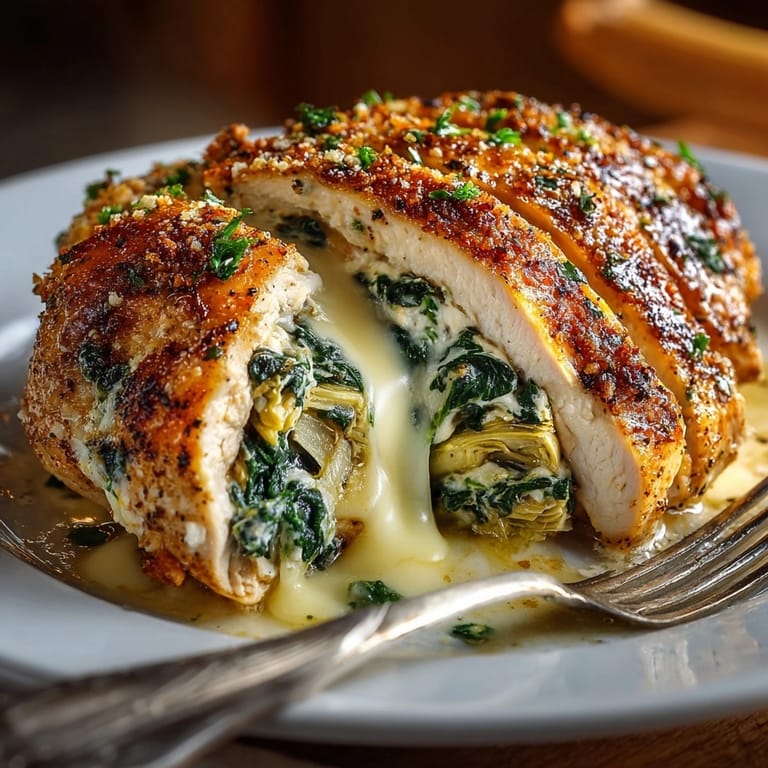 Close-up of a juicy Cheesy Spinach &amp; Artichoke Stuffed Chicken, oozing with warmth.