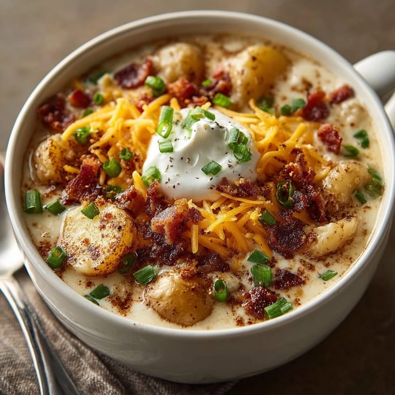 Homemade Loaded Baked Potato Soup simmers, promising savory, comforting flavors tonight.