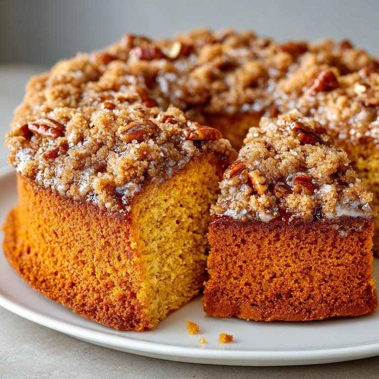 Homemade Pumpkin Streusel Coffee Cake with streusel baked golden brown; a sliceable, delectable treat.