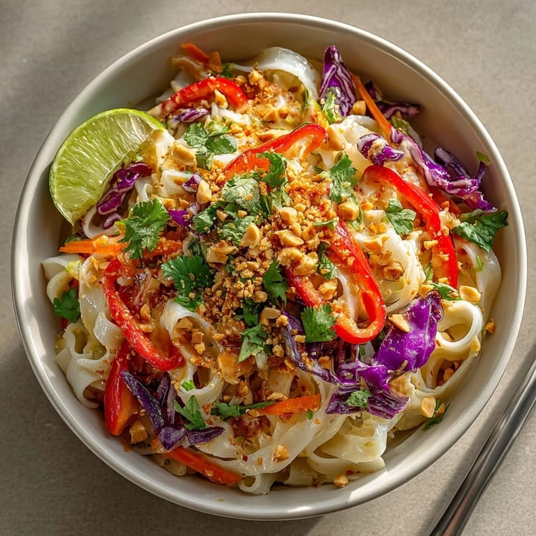 Close-up of delicious Thai Peanut Noodle Salad, glistening with savory peanut sauce.