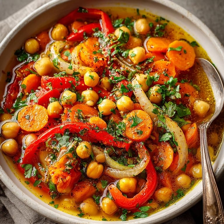 Comforting, hearty Moroccan Chickpea Stew recipe, brimming with tender vegetables and aromatic flavors.
