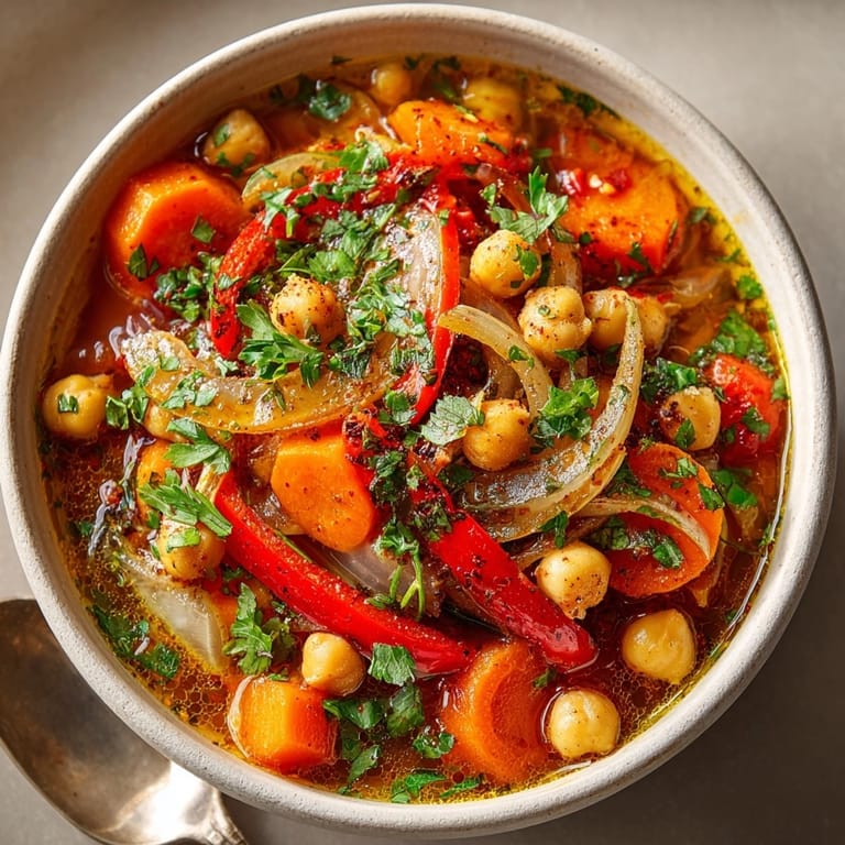 Close-up of vibrant Moroccan Chickpea Stew: Imagine a rich, savory, plant-based supper.