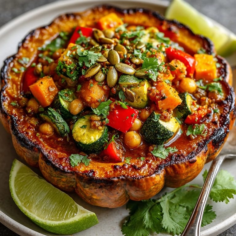 Aromatic Cauldron Curry in roasted pumpkin: comforting spices, tender veggies, ready to enjoy.