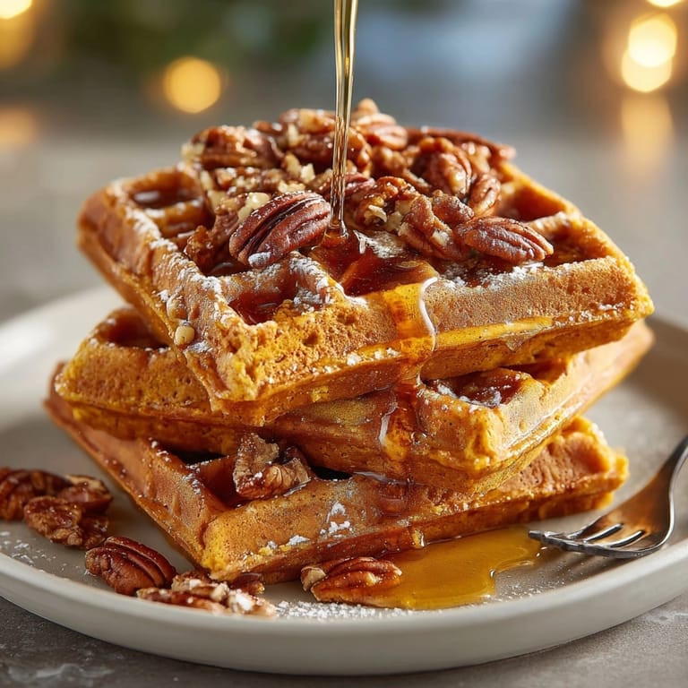 Close-up of crispy, spiced Pumpkin Spice Waffles with Pecans, dripping with golden maple syrup.
