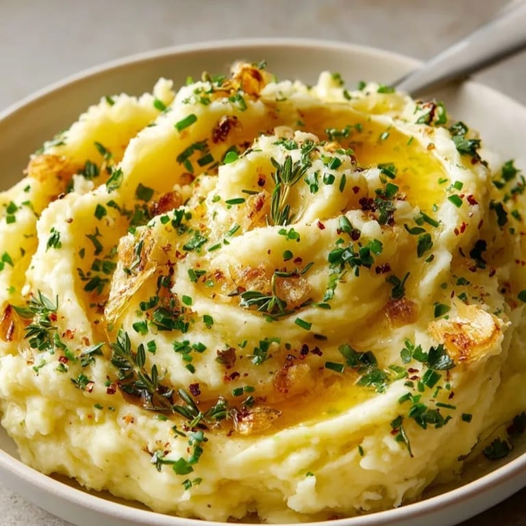 Golden Brown Butter Garlic &amp; Herb Mashed Potatoes, garnished with fresh herbs, steaming hot.