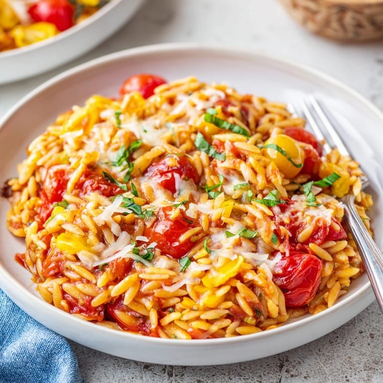 Mediterranean Tomato Basil Baked Orzo recipe: a satisfying vegetarian casserole with melted mozzarella.
