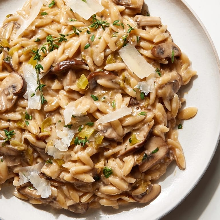 Golden Creamy Mushroom Orzo Skillet, garnished with parsley, ready to serve for a cozy dinner.