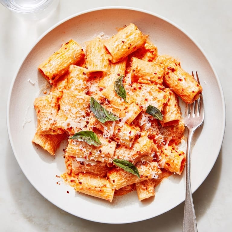 Close-up of homemade Spicy Vodka Pasta Express, steam rising, topped with grated Parmesan.