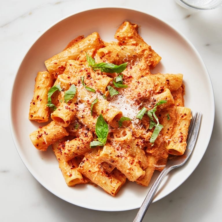 Easy weeknight dinner: Spicy Vodka Pasta Express with rich tomato cream sauce and fresh herbs.