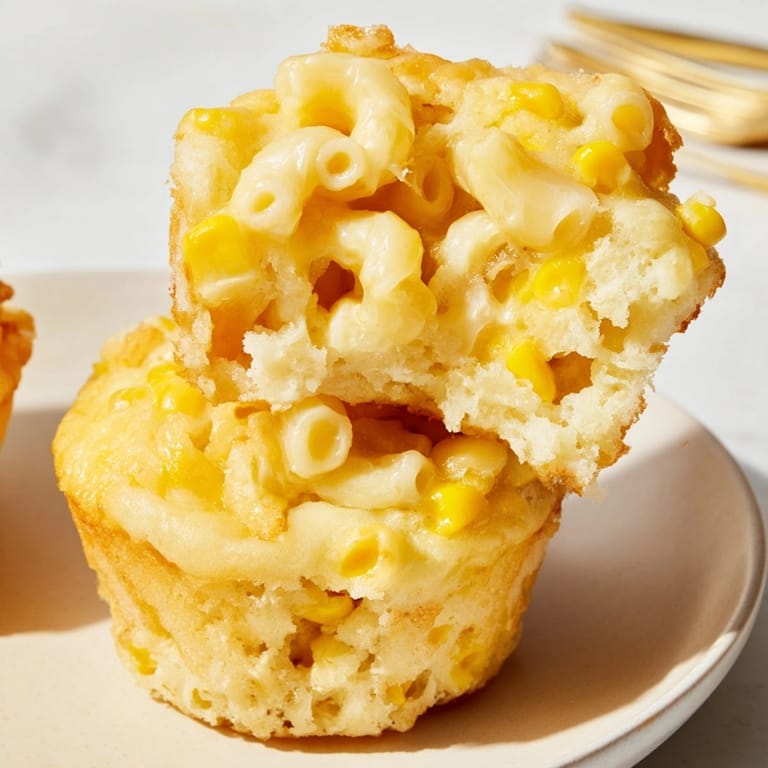 Savory Mac and Cheese Sweet Corn Muffins studded with vibrant yellow corn kernels.