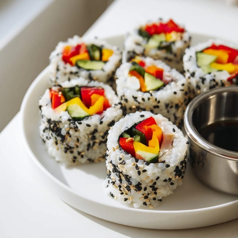 Colorful Festive Holiday Snack Sushi Rolls drizzled with soy sauce on a festive platter.  