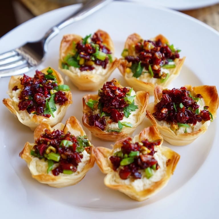Warm pastry cups filled with creamy cranberry jalapeño dip, a perfect holiday appetizer.  