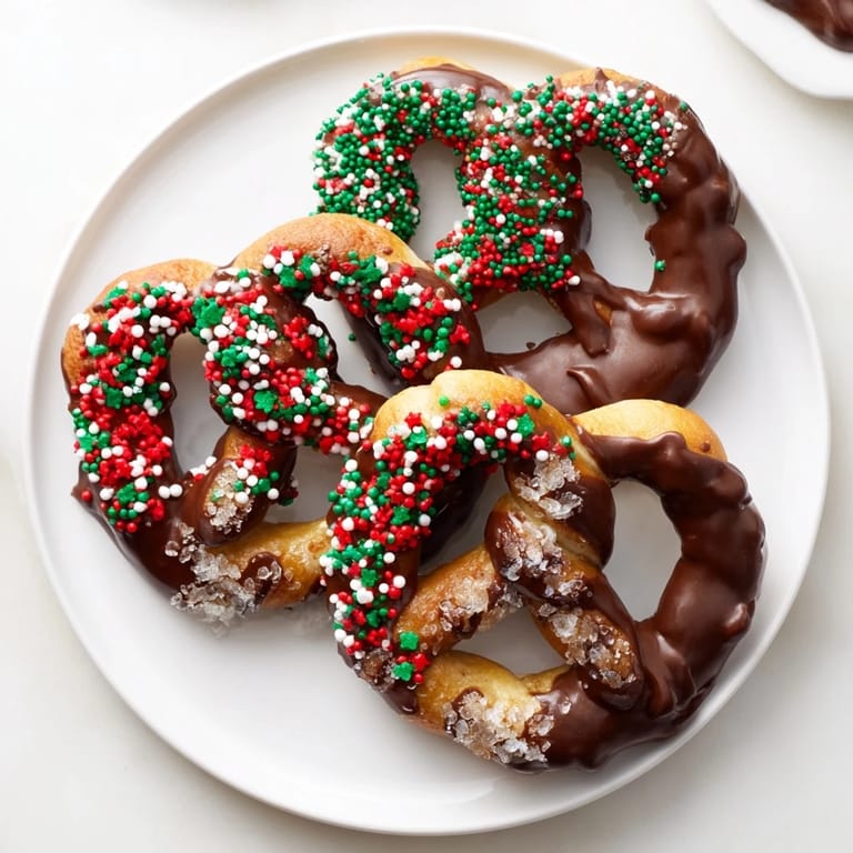 Homemade Festive Pretzel Christmas Cookies ready for holiday gatherings, drizzled in chocolate.  