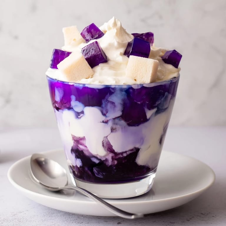 Delicious ube milk jelly trifles topped with whipped cream and colorful ube cubes.  