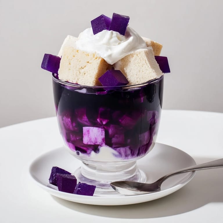 Eye-catching ube milk jelly trifles showcase layers of purple yam and smooth jelly.