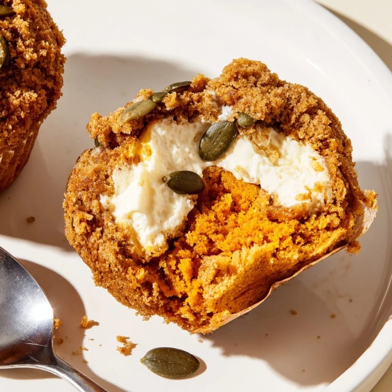 Delightful pumpkin cream cheese muffins topped with crunchy pecans, ideal for cozy snacks.
