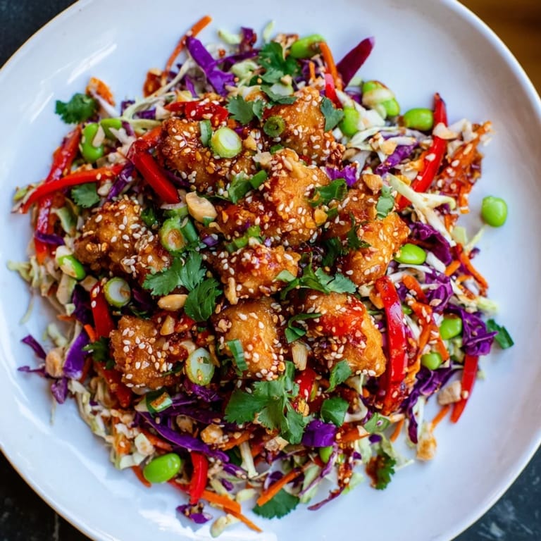 Colorful sesame chicken cabbage crunch salad featuring tender chicken and crisp, refreshing cabbage.