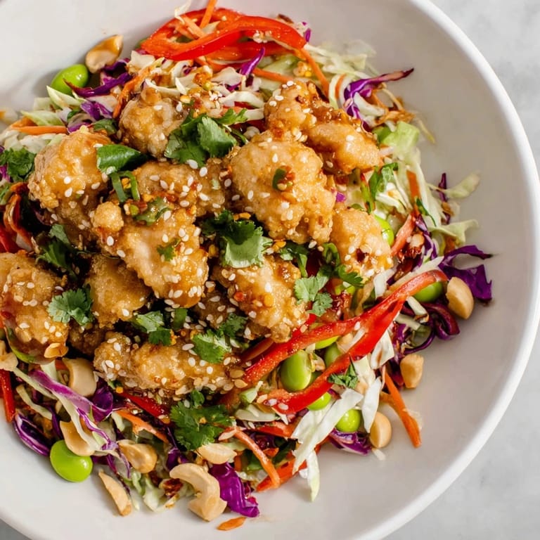 A delicious sesame chicken cabbage crunch salad topped with crunchy cashews and fresh herbs.  