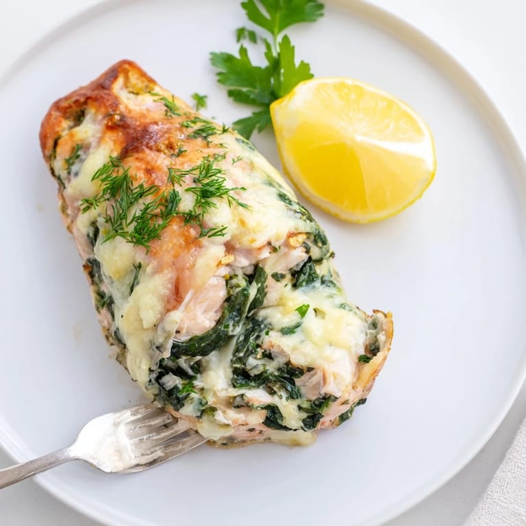 Creamy Easy Spinach Stuffed Salmon with cheese filling, beautifully garnished with lemon slices.