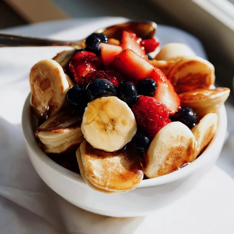 Delicious bite-sized pancakes, golden brown, perfect for drizzling with maple syrup.  