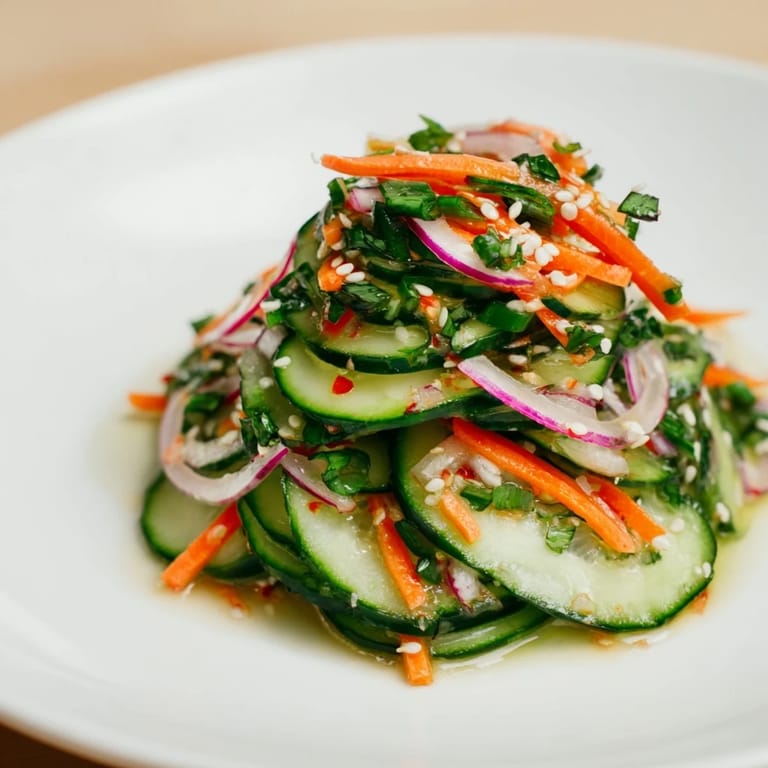 Vibrant cucumber salad remix featuring crisp vegetables and an Asian-inspired dressing.  