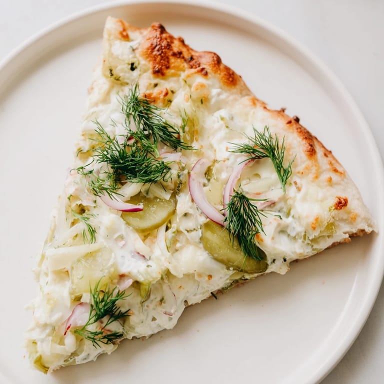 Delicious Pickle Pizza with golden crust, rich crème fraîche, and zesty pickle slices.  