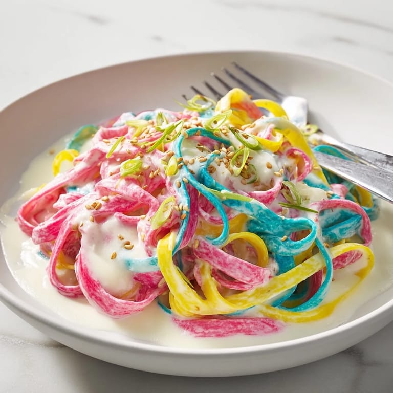 Delightful Neon Noodle Cloud topped with scallions and edible flowers for added charm.  