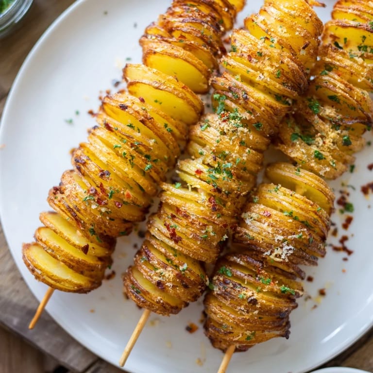 Air-fried tornado potatoes, beautifully spiraled and topped with fresh parsley and cheese.