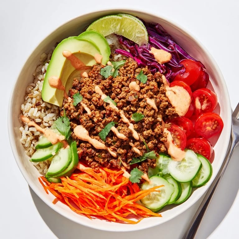 Savory plant-based meat bowl drizzled with spicy mayo and garnished with cilantro.