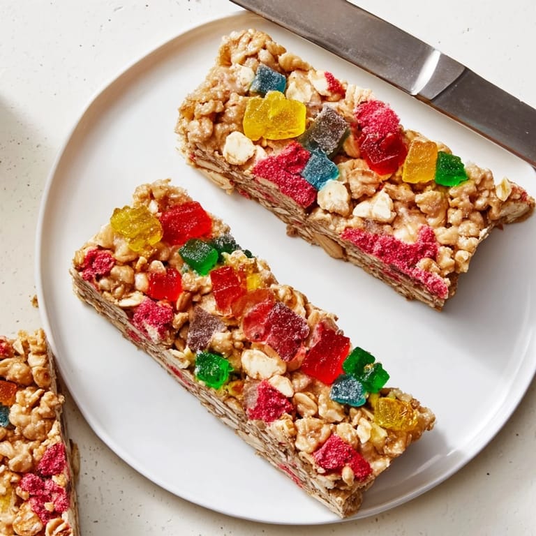 Delicious DIY snack bars made with oats, honey, and fruity gummies.  