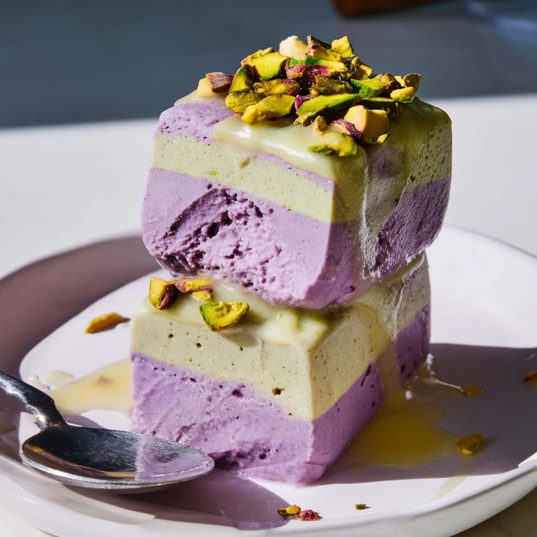 Colorful layers of ube and pistachio ice cream bars drizzled with condensed milk.  