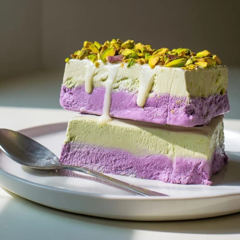 Delightful ube and pistachio ice cream bars, perfect for gatherings or celebrations.