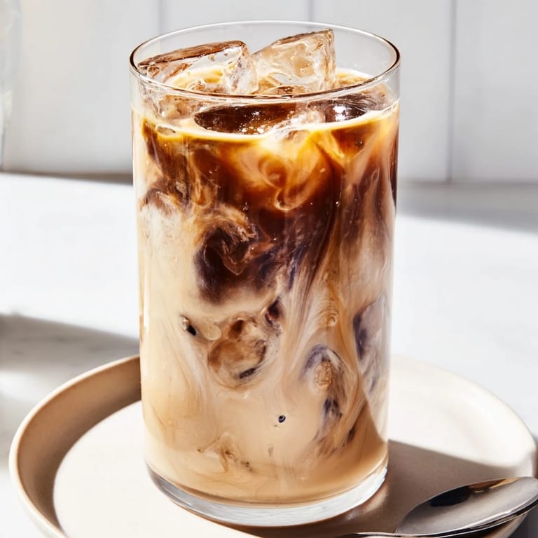 Rich tahini iced coffee garnished with cocoa powder and served over ice.  
