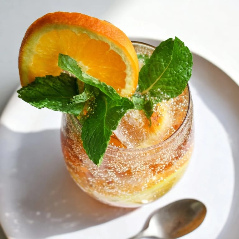 Colorful homemade Probiotic Soda Mocktail served over ice with vibrant orange slices.