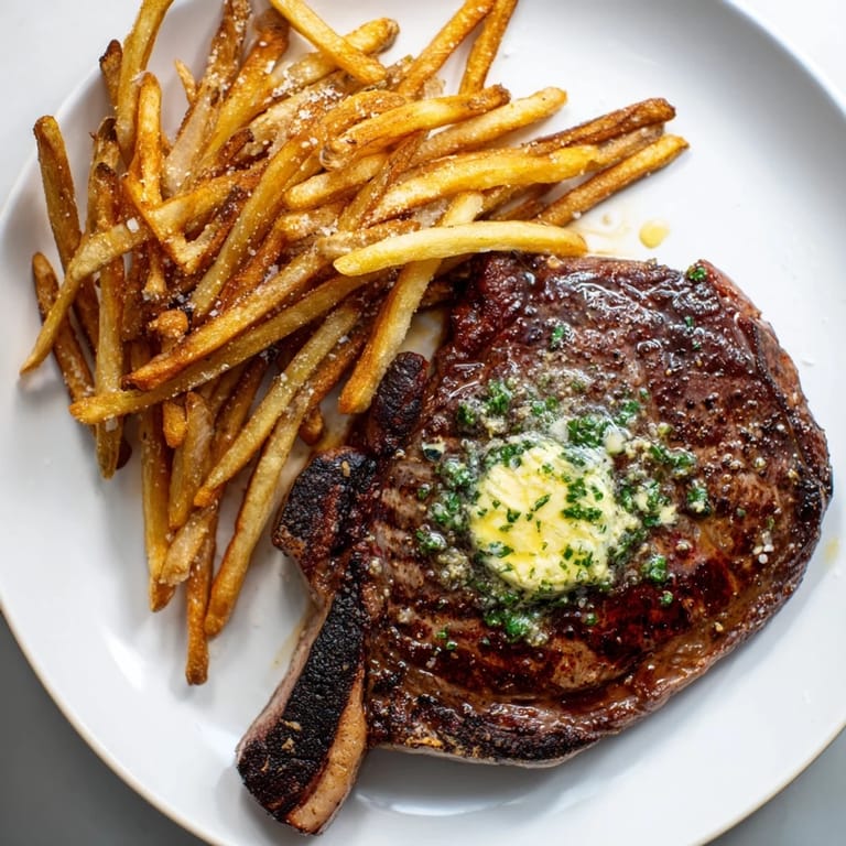 Indulgent Steakhouse Garlic Butter Steak & Fries on a plate, perfect for a hearty dinner.