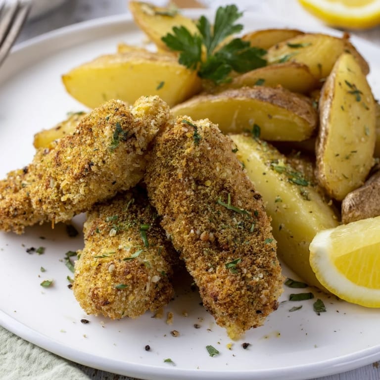 Crispy golden potato wedges and fragrant herbed chicken tenders, perfect for dinner.