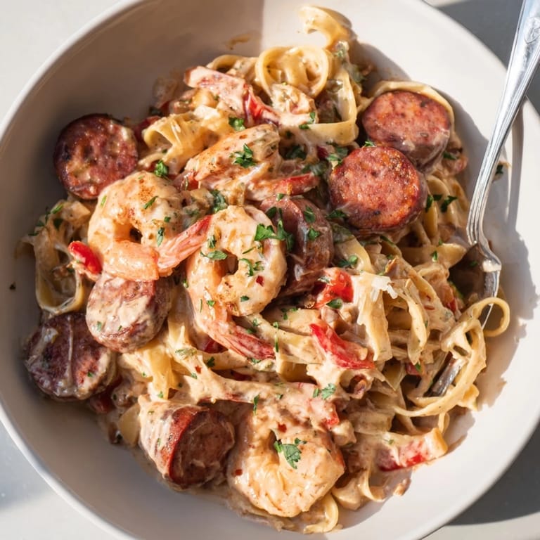 Spicy Cajun Sausage & Shrimp Alfredo Pasta Skillet served warm, bursting with flavor.  