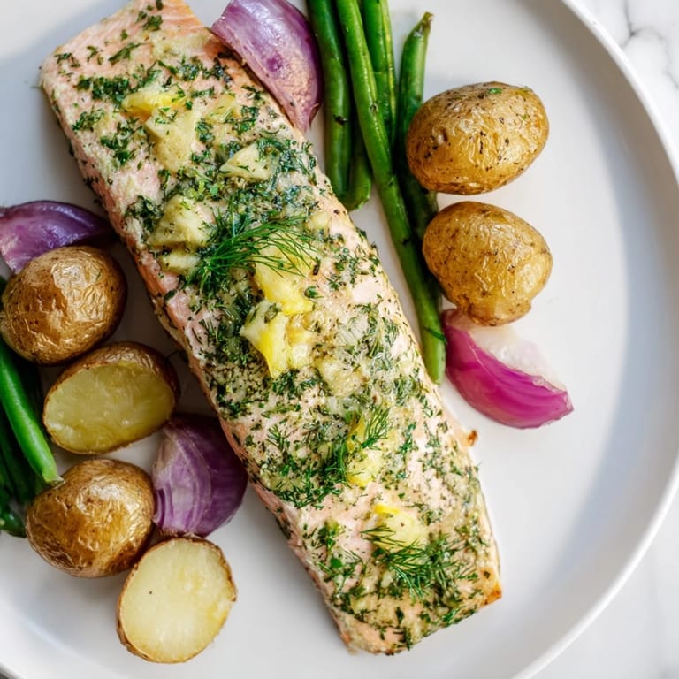 A close-up shot of a delicious Lemon Herb Salmon & Potato Sheet Pan, ready to be served.