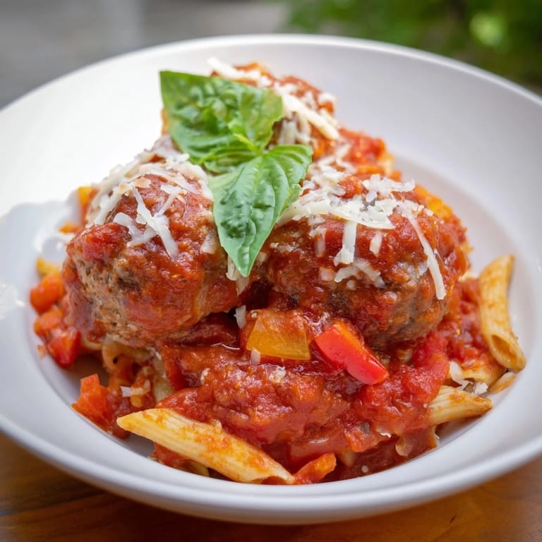 A one-pan Italian Meatball Pasta Skillet—delicious pasta and juicy meatballs smothered in rich tomato sauce.
