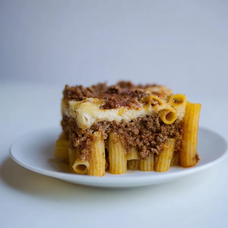 Homemade Greek pastitsio, baked to perfection with a rich meat sauce and cheese-infused béchamel.