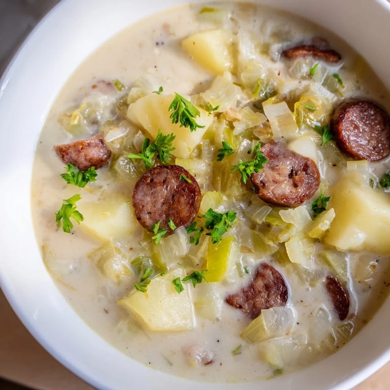 Enjoy a comforting bowl of Potato, Leek & Chorizo Soup, perfect with crusty bread and a sprinkle of fresh herbs.