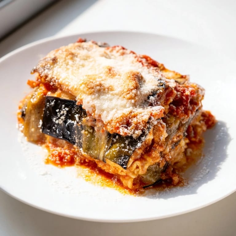 A steaming dish of Eggplant Parmesan Lasagna, showing off the perfectly melted mozzarella.